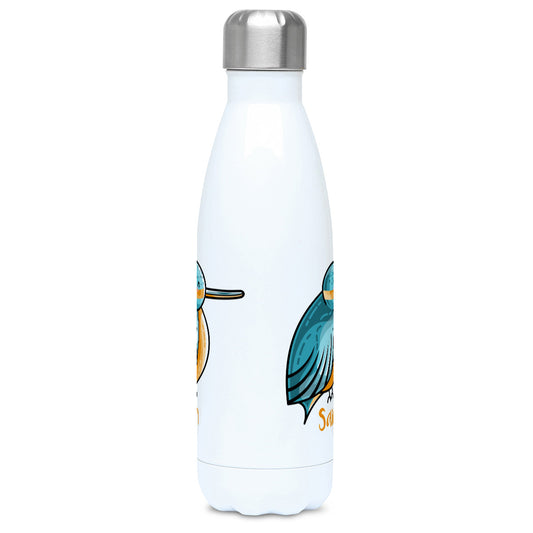 cute turquoise and orange kingfisher design personalised with a name on a white metal insulated drinks bottle, middle view