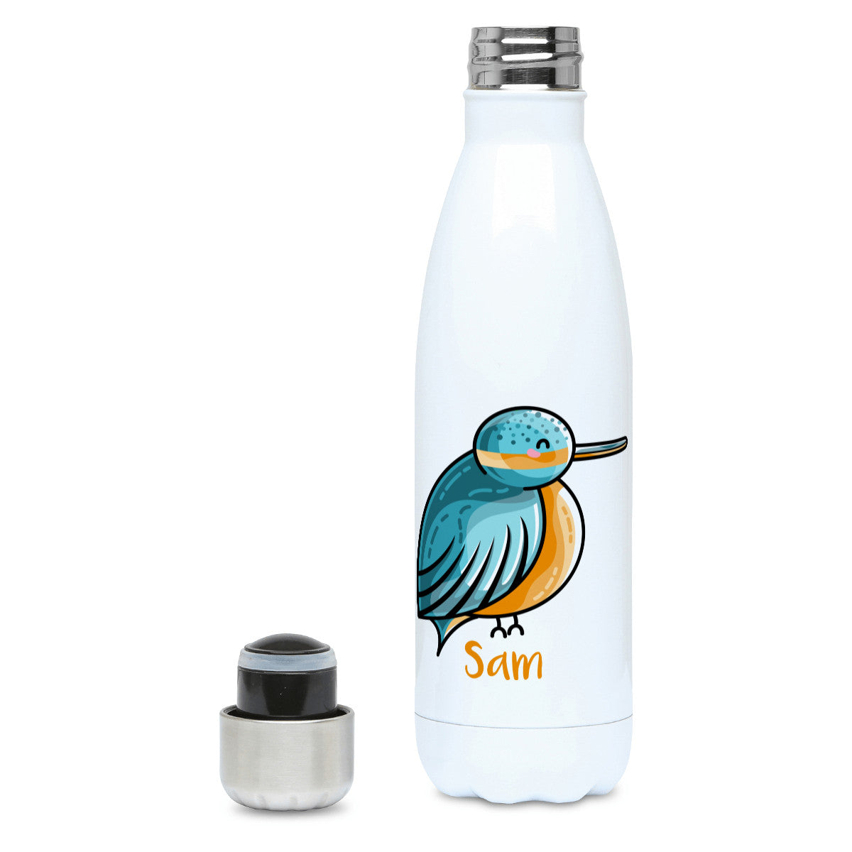cute turquoise and orange kingfisher design personalised with a name on a white metal insulated drinks bottle, lid off