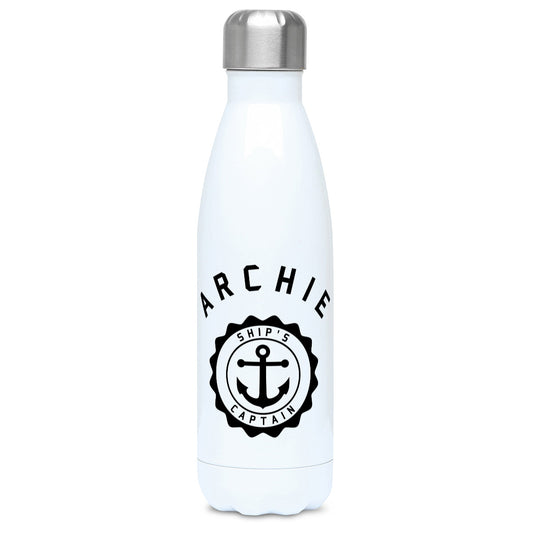 Personalised one colour circular design with a ship's anchor in the middle design on a white metal insulated drinks bottle, lid on