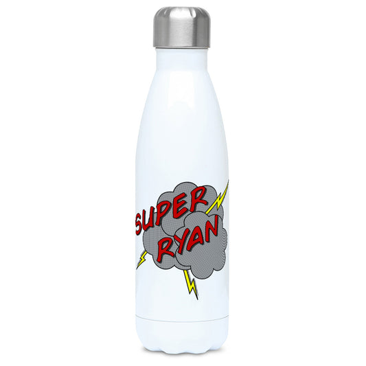 Personalised superhero style half toned comic speech balloon design on a white metal insulated drinks bottle, lid on