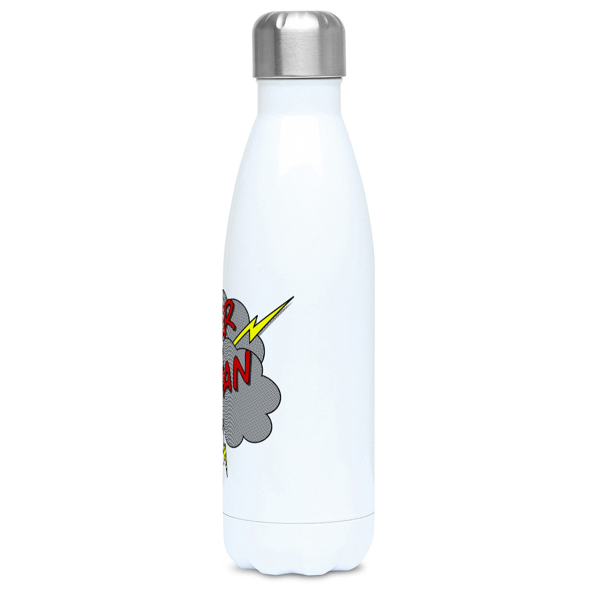 Personalised superhero style half toned comic speech balloon design on a white metal insulated drinks bottle, side view