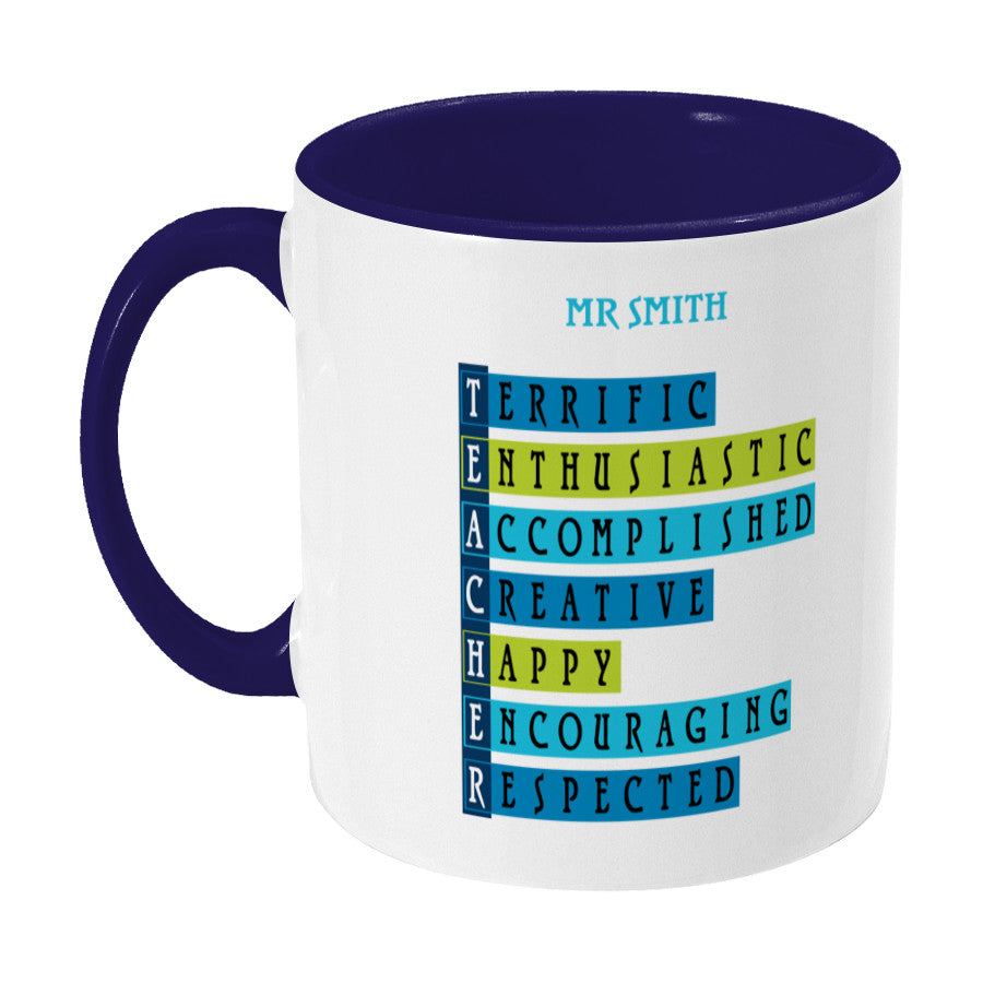 Words representing positive characteristics of teachers and personalised with a name on a two toned blue and white ceramic mug, showing LHS