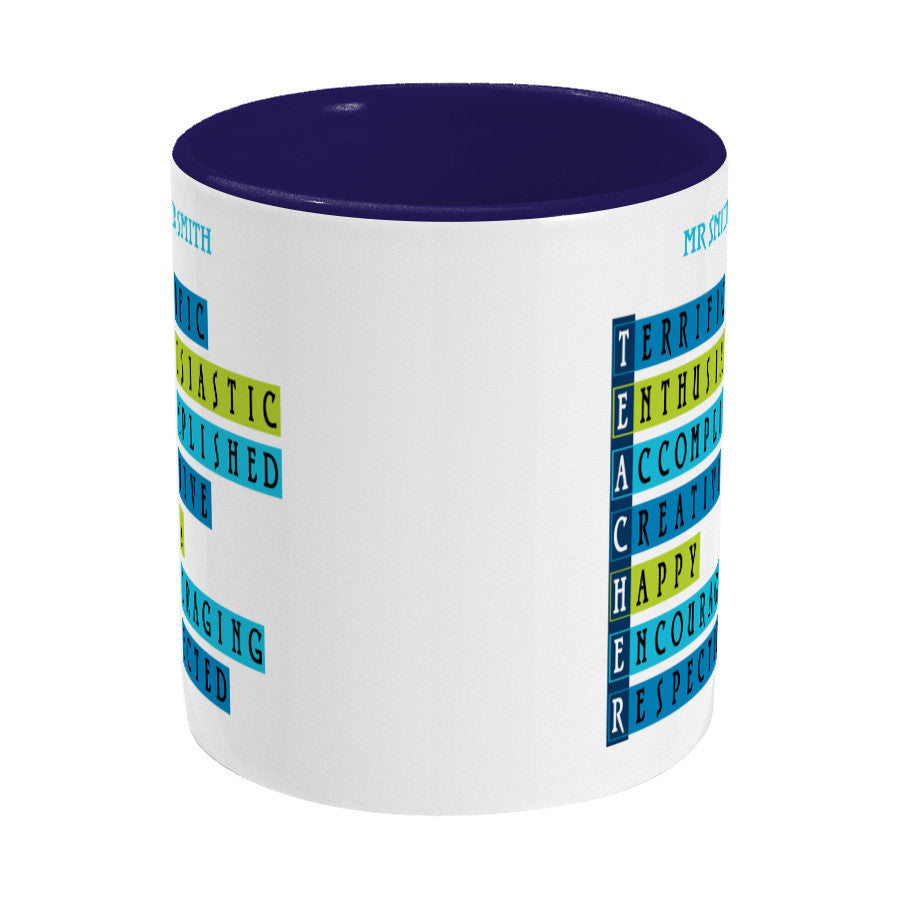 Words representing positive characteristics of teachers and personalised with a name on a two toned blue and white ceramic mug, side view