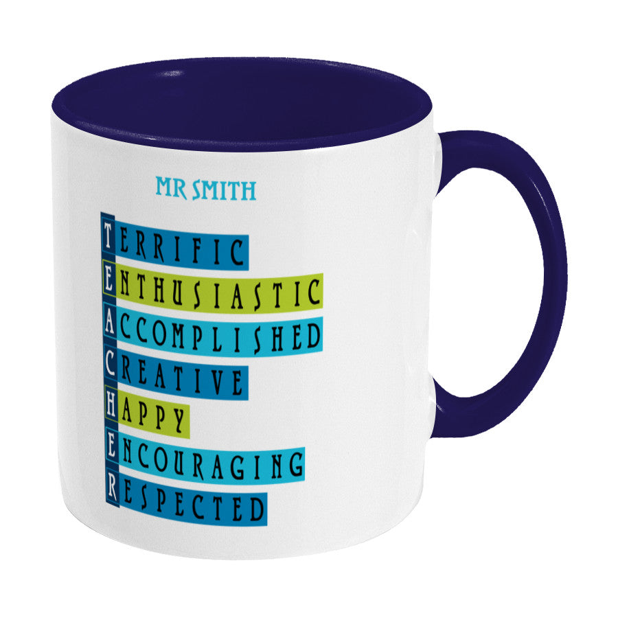 Words representing positive characteristics of teachers and personalised with a name on a two toned blue and white ceramic mug, showing RHS