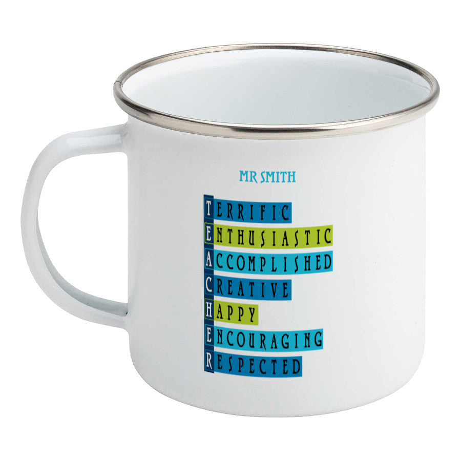 Words representing positive characteristics of teachers and personalised with a name on a silver rimmed white enamel mug, showing LHS