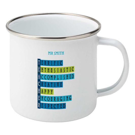 Words representing positive characteristics of teachers and personalised with a name on a silver rimmed white enamel mug, showing RHS