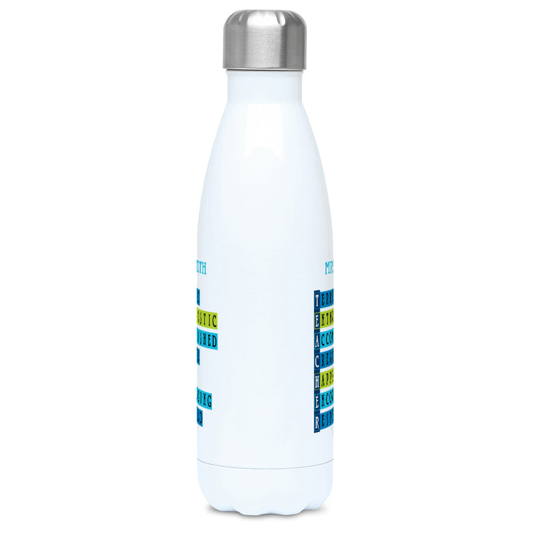 Words representing positive characteristics of teachers and personalised with a name on a white metal insulated drinks bottle, side view