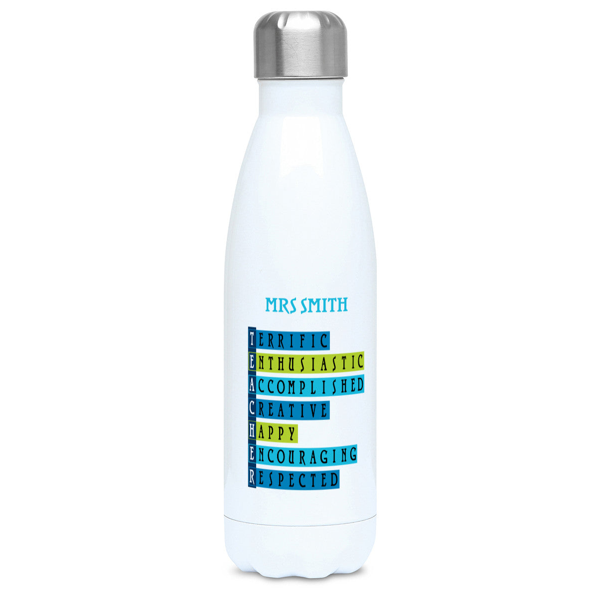 Words representing positive characteristics of teachers and personalised with a name on a white metal insulated drinks bottle, lid on