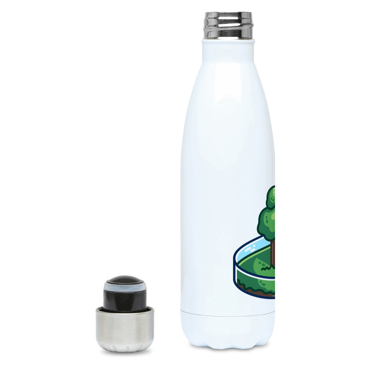 A tall white stainless steel drinks bottle seen side on with its lid off and screw neck visible and the edge of the design showing.
