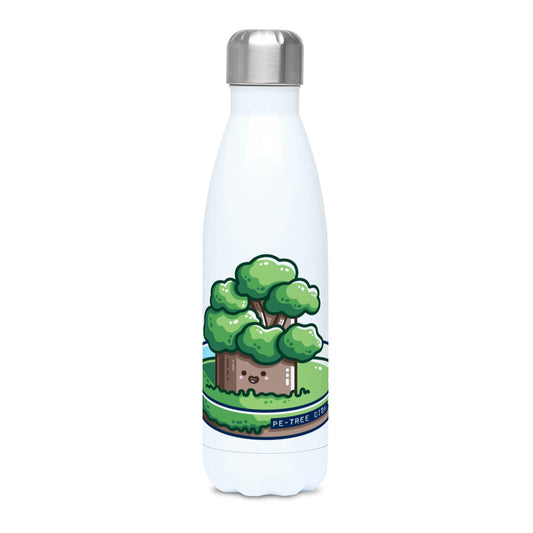 A tall white stainless steel drinks bottle seen from the front with its silver lid on and a design of a kawaii cute tree growing in a petri dish.