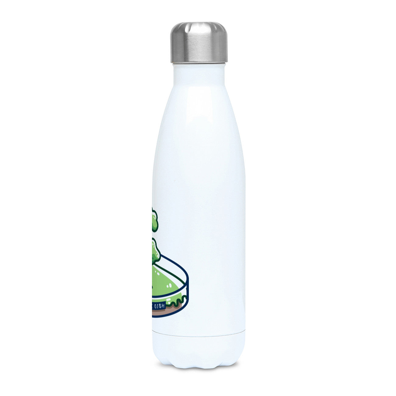 A tall white stainless steel drinks bottle seen from the front with its silver lid on and the edge of the design showing.