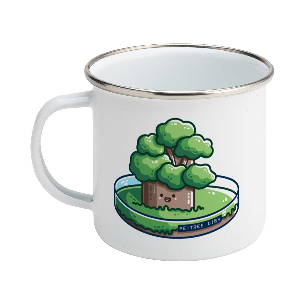 A silver rimmed white enamel mug with the handle to the left showing a design of a kawaii cute tree growing in a petri dish