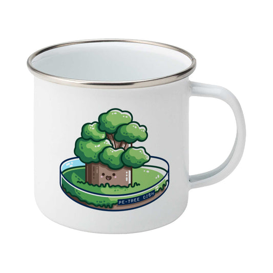 A silver rimmed white enamel mug with the handle to the right showing a design of a kawaii cute tree growing in a petri dish