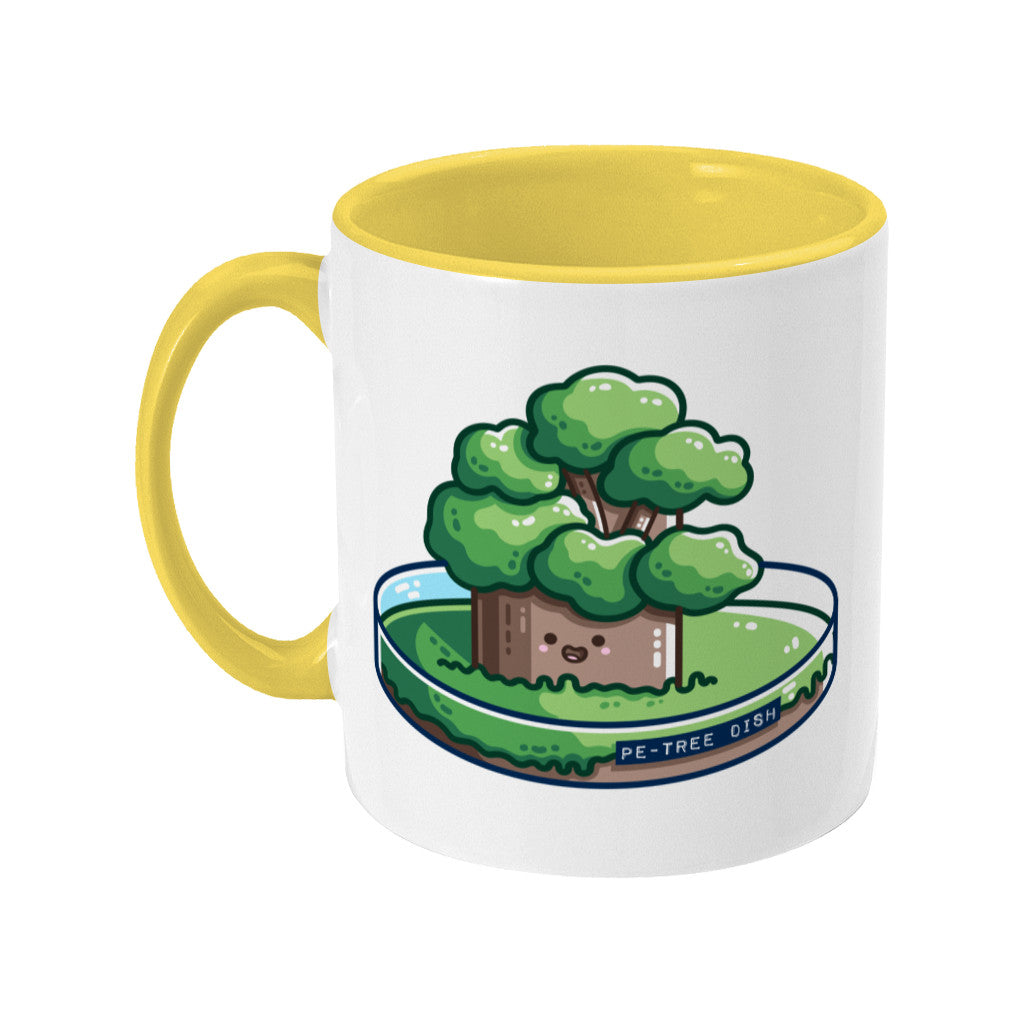 A two toned white and yellow ceramic mug with the handle to the left showing a design of a kawaii cute tree growing in a petri dish.