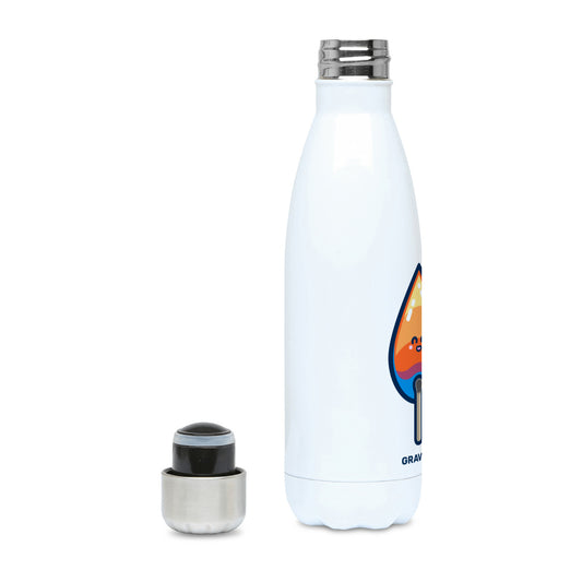 A white stainless steel drinks bottle, lid off, screw neck visible, showing a side view with only the edge of the design visible