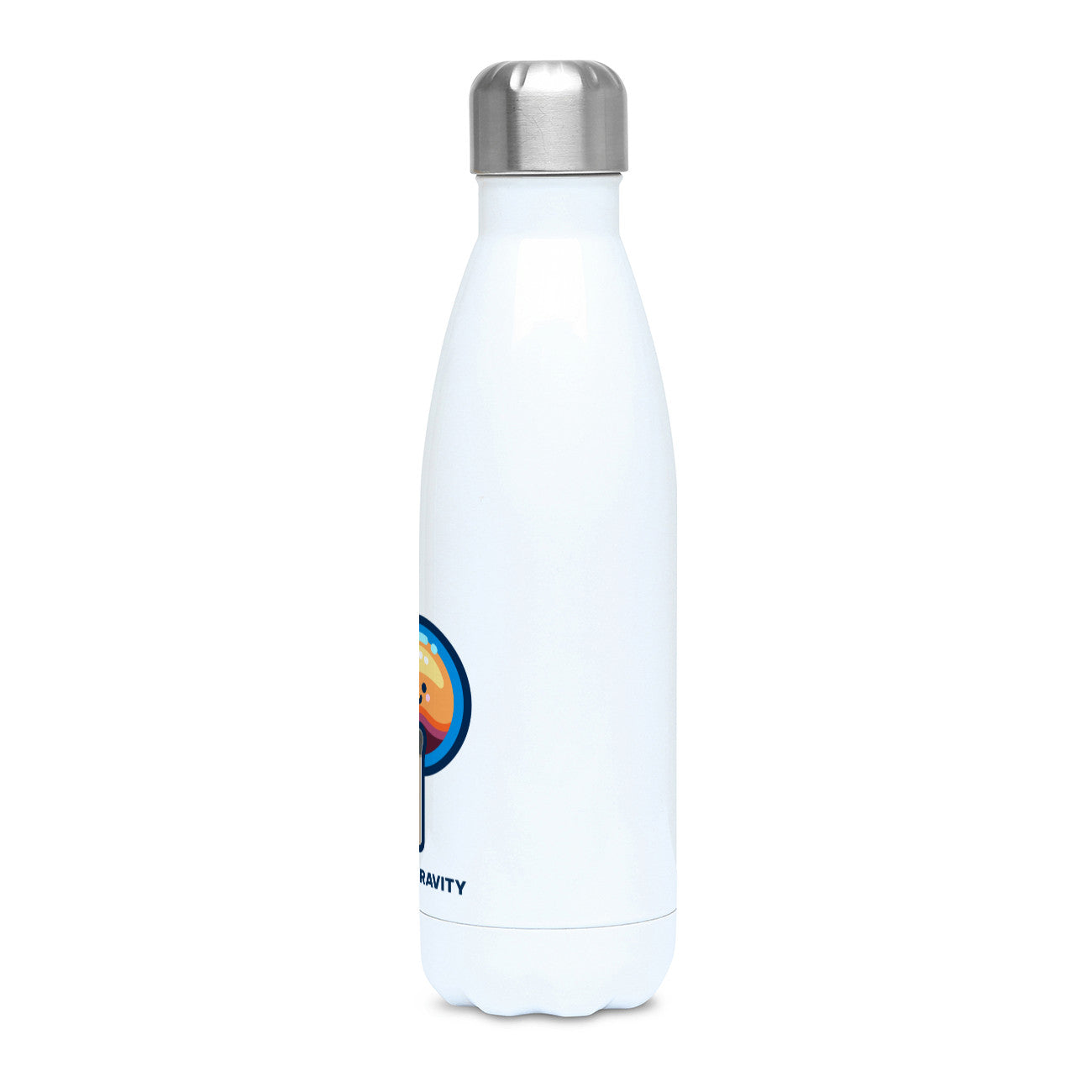 A white stainless steel drinks bottle, lid on, showing a side view with only the edge of the design visible