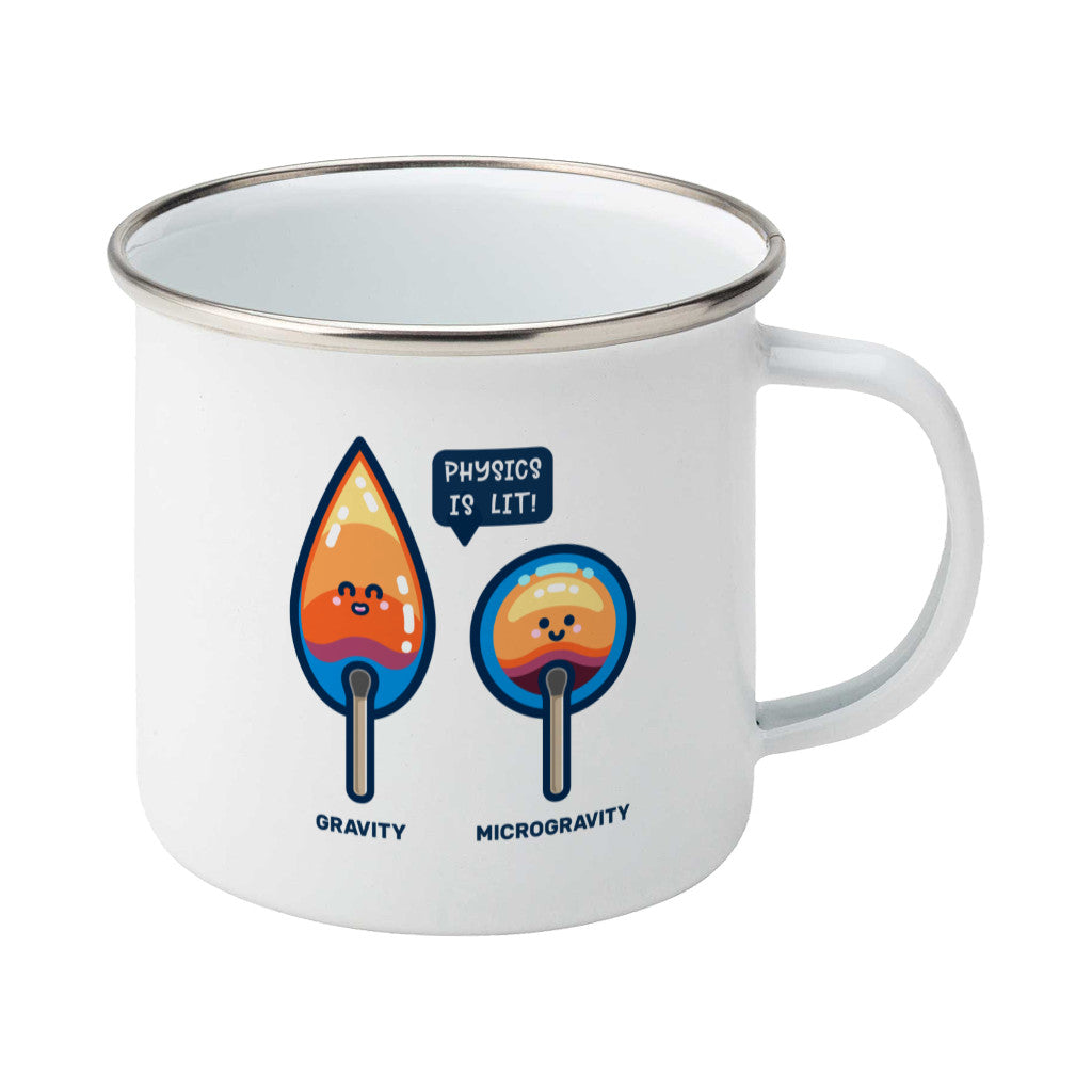 A silver rimmed white enamel mug with the handle to the right and a design of two cute flames, one pointed with the word gravity and one circular with the word microgravity and a speech bubble saying physics is lit