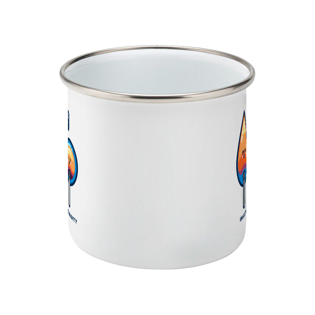 A silver rimmed white enamel mug showing a side view with the handle hidden behind and the edge of the front and back design showing