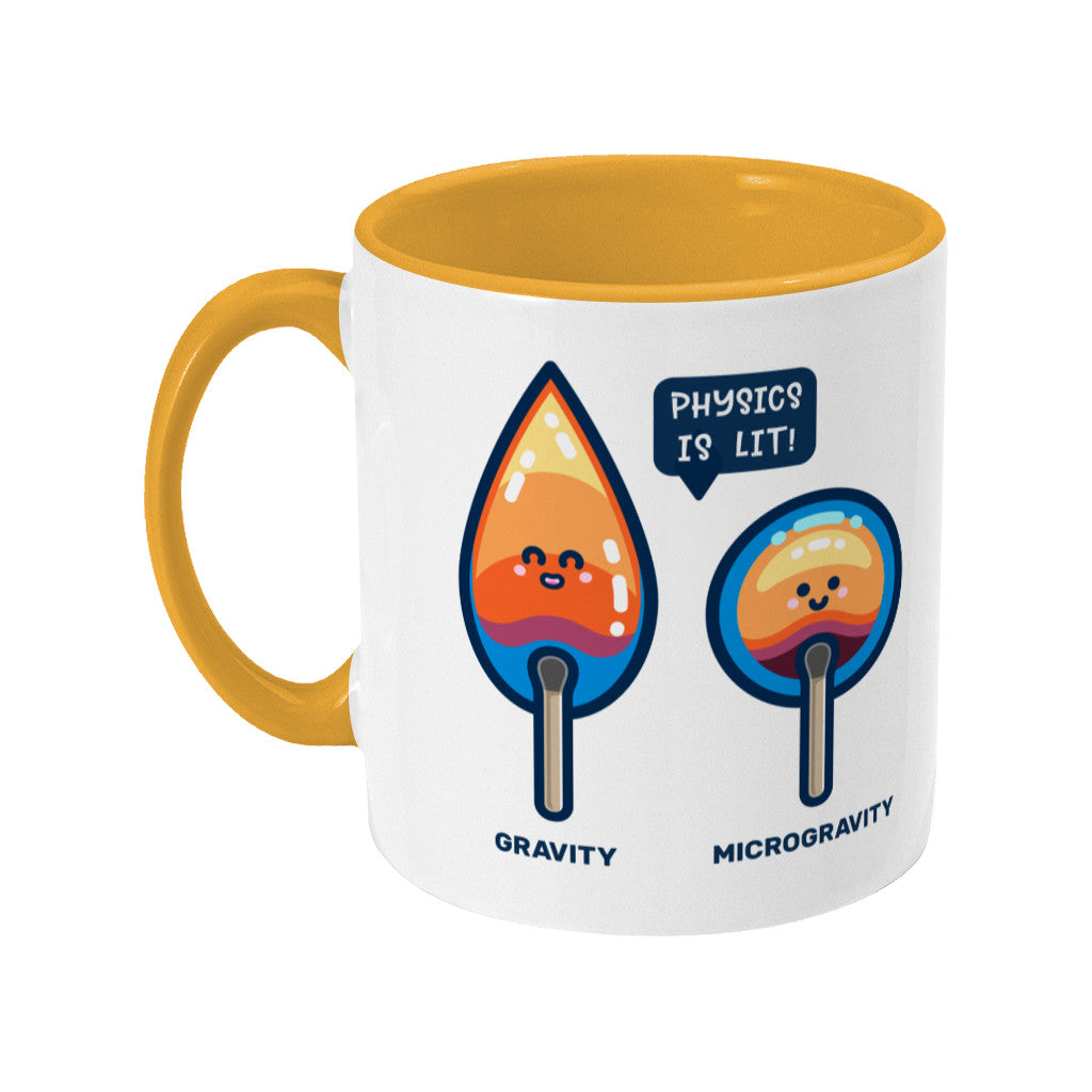 A yellow and white two toned ceramic mug with the handle to the left and a design of two cute flames, one pointed with the word gravity and one circular with the word microgravity and a speech bubble saying physics is lit