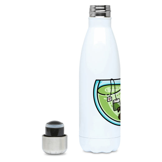 Cute platypus swimming in a glass teacup of green tea design on a white metal insulated drinks bottle, lid off
