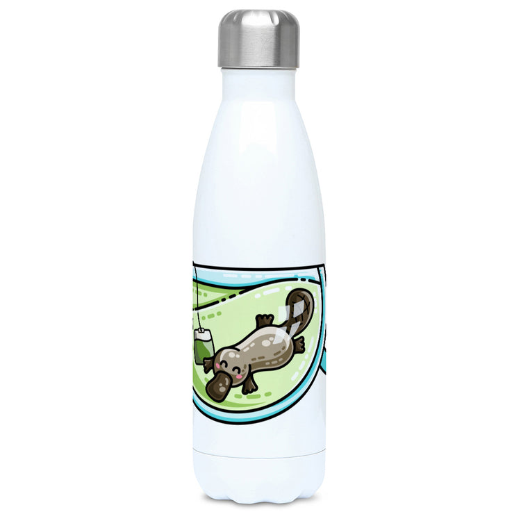 Cute platypus swimming in a glass teacup of green tea design on a white metal insulated drinks bottle, lid on