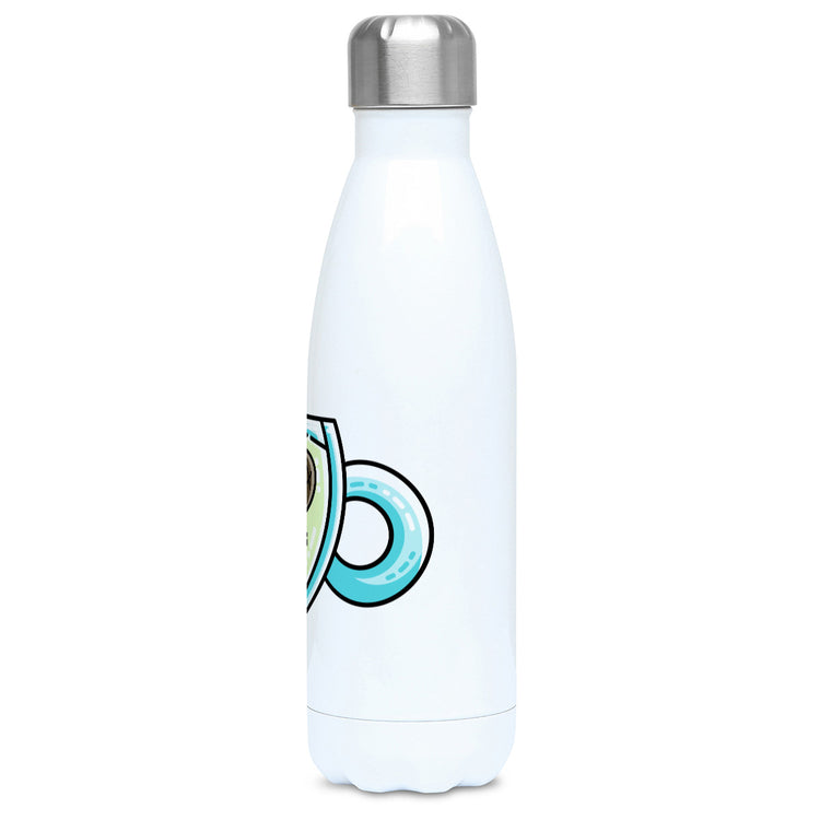 Cute platypus swimming in a glass teacup of green tea design on a white metal insulated drinks bottle, side view
