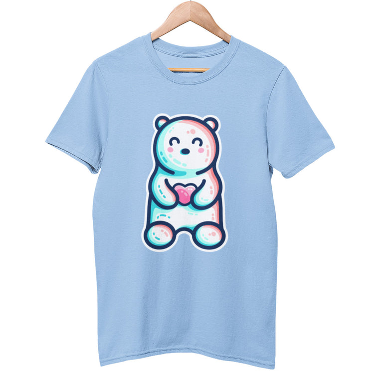 A pale blue unisex crewneck t-shirt on a wooden hanger with a design on its chest of a kawaii cute polar bear holding a pink heart