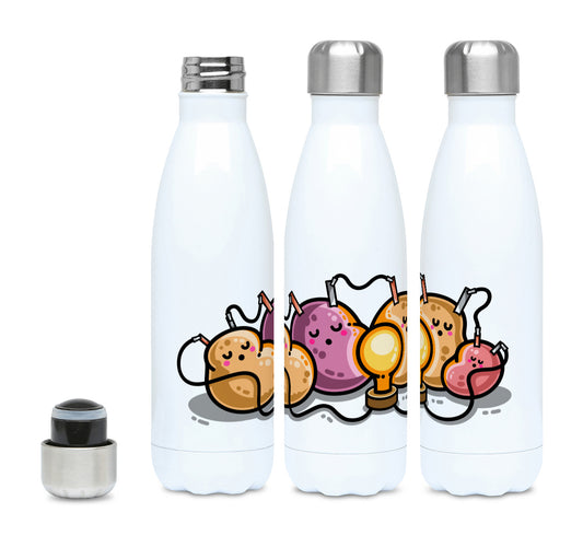 A white stainless steel insulated drinks bottle with a silver lid, with a design of a potato battery of 4 potatoes asleep around a light bulb they are powering