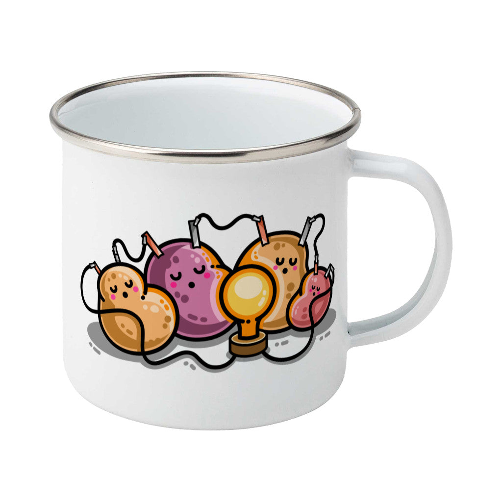 A silver rimmed white enamel mug, handle to the right, with a design of a potato battery of 4 potatoes asleep around a light bulb they are powering