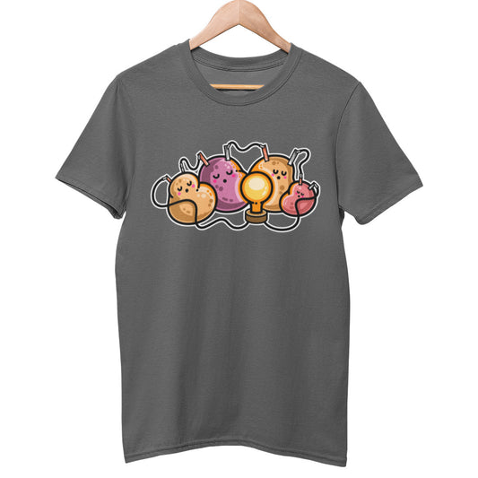 A dark grey unisex crewneck t-shirt on a wooden hanger, on the chest is a design of a potato battery of 4 potatoes asleep around a light bulb they are powering