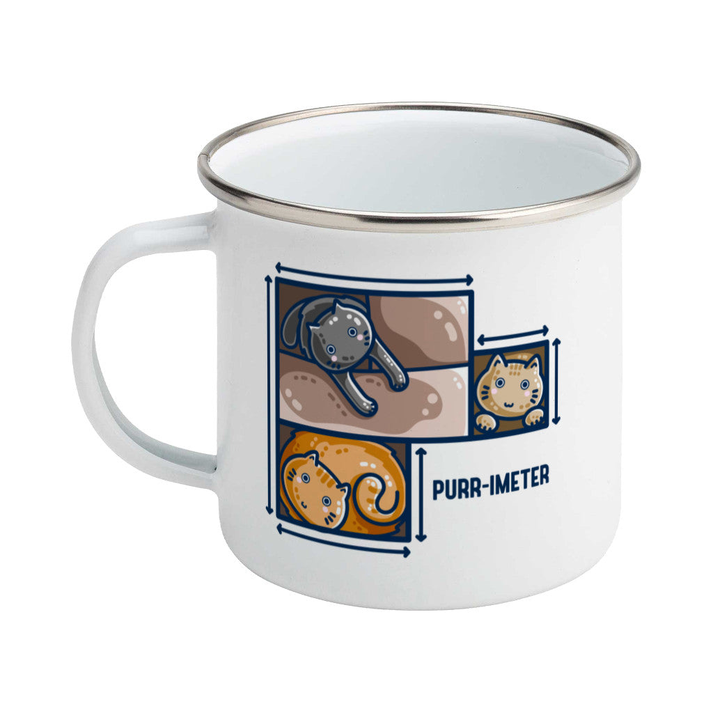 A silver rimmed white enamel mug featuring three cute cats in adjoining cardboard boxes seen from directly above, with measurement lines around the edges and the word 'purr-imeter'.