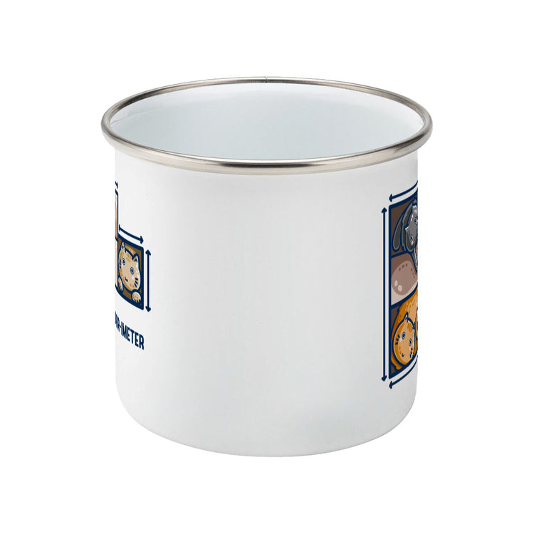 A white silver rimmed enamel mug seen side on with the handle hidden behind and a portion of the design visible at each edge of the mug.