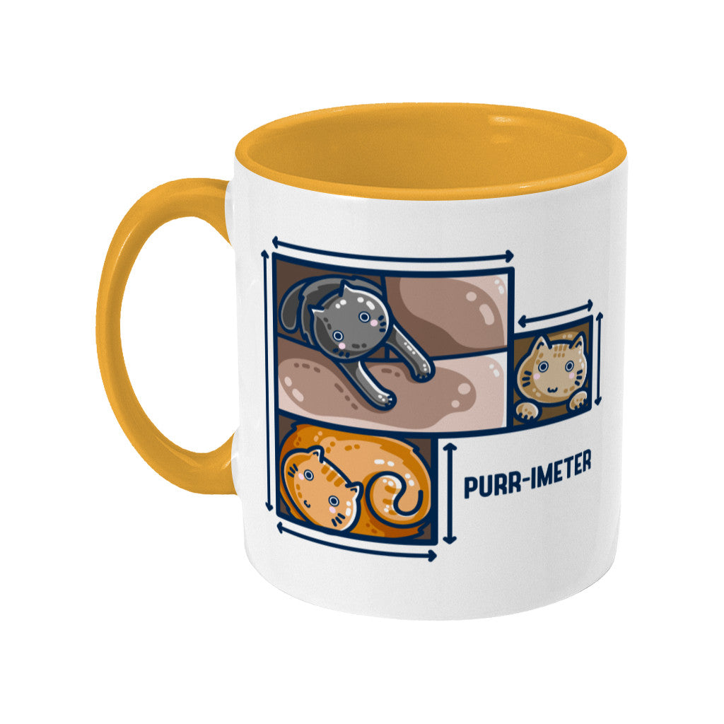 A white ceramic mug with a yellow handle and inside, with a design of three cute cats in adjoining cardboard boxes seen from directly above, with measurement lines around the edges and the word 'purr-imeter'.