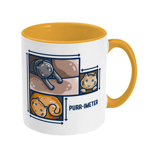 A white ceramic mug with a yellow handle and inside, with a design of three cute cats in adjoining cardboard boxes seen from directly above, with measurement lines around the edges and the word 'purr-imeter'.