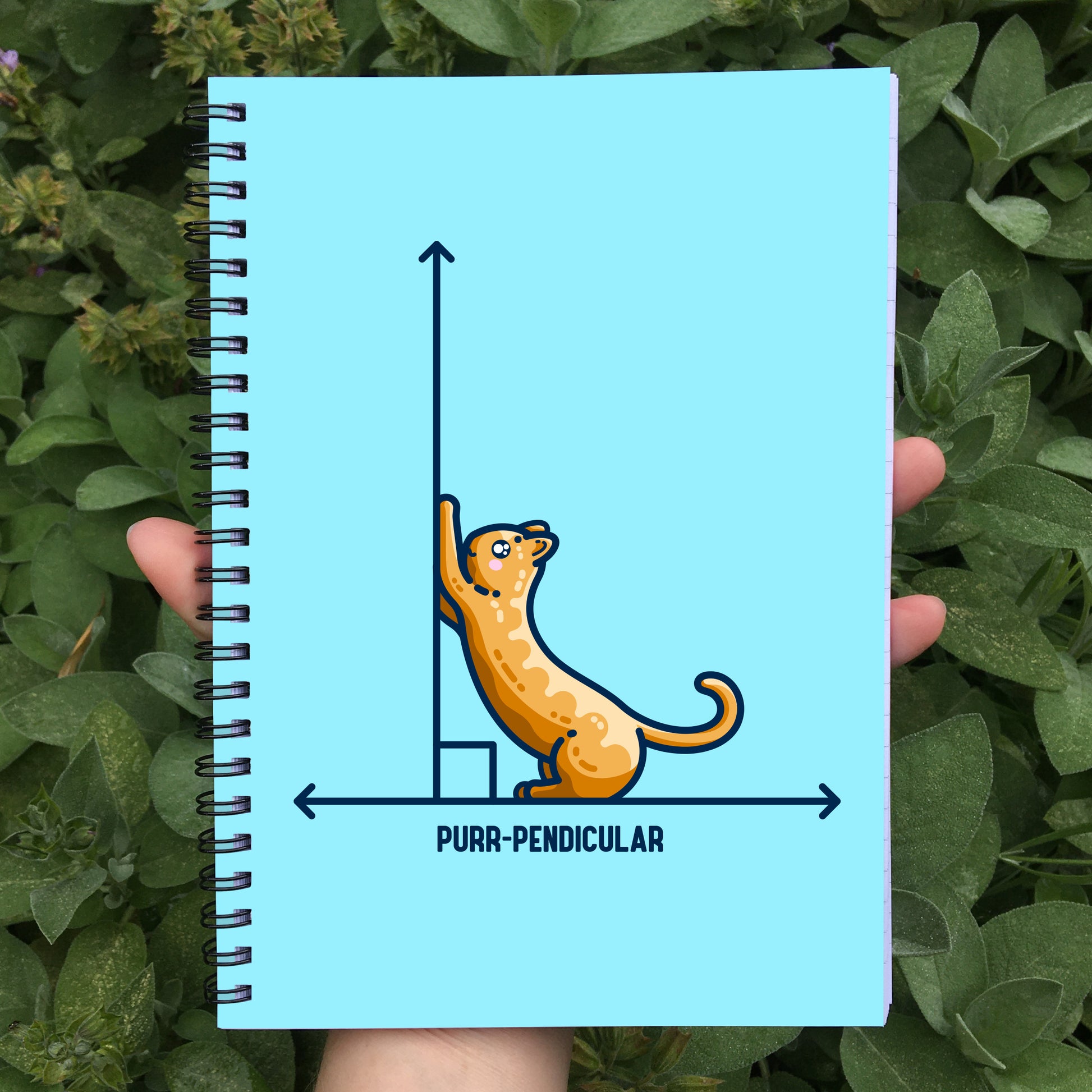 A turqoise coloured spiral notebook held in a hand showing the front cover. Features a design of a horizontal line intersected by a vertical line at a right angle. A cute ginger cat on the horizontal line is using the vertical line as a scratching post. The word purr-pendicular is written in capital letters beneath.