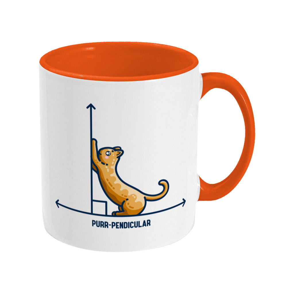 A white ceramic mug with an orange handle and inside, handle to the right. Features a design of a horizontal line intersected by a vertical line at a right angle. A cute ginger cat on the horizontal line is using the vertical line as a scratching post. The word purr-pendicular is written in capital letters beneath.