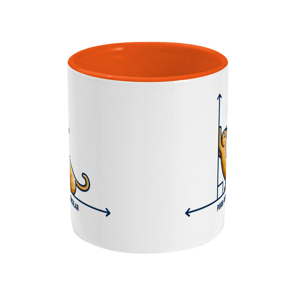 A white ceramic mug with an orange inside, the handle around the back not visible, the edge of the design visible at the left and right edges of the mug.