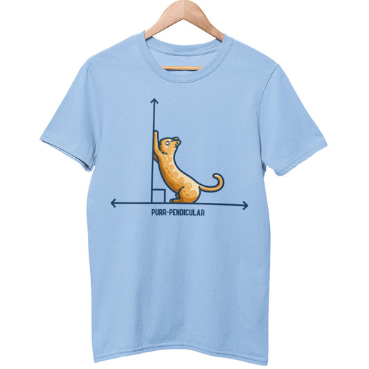 A light blue unisex crewneck t-shirt on a wooden hanger. Features a design of a horizontal line intersected by a vertical line at a right angle. A cute ginger cat on the horizontal line is using the vertical line as a scratching post. The word purr-pendicular is written in capital letters beneath.
