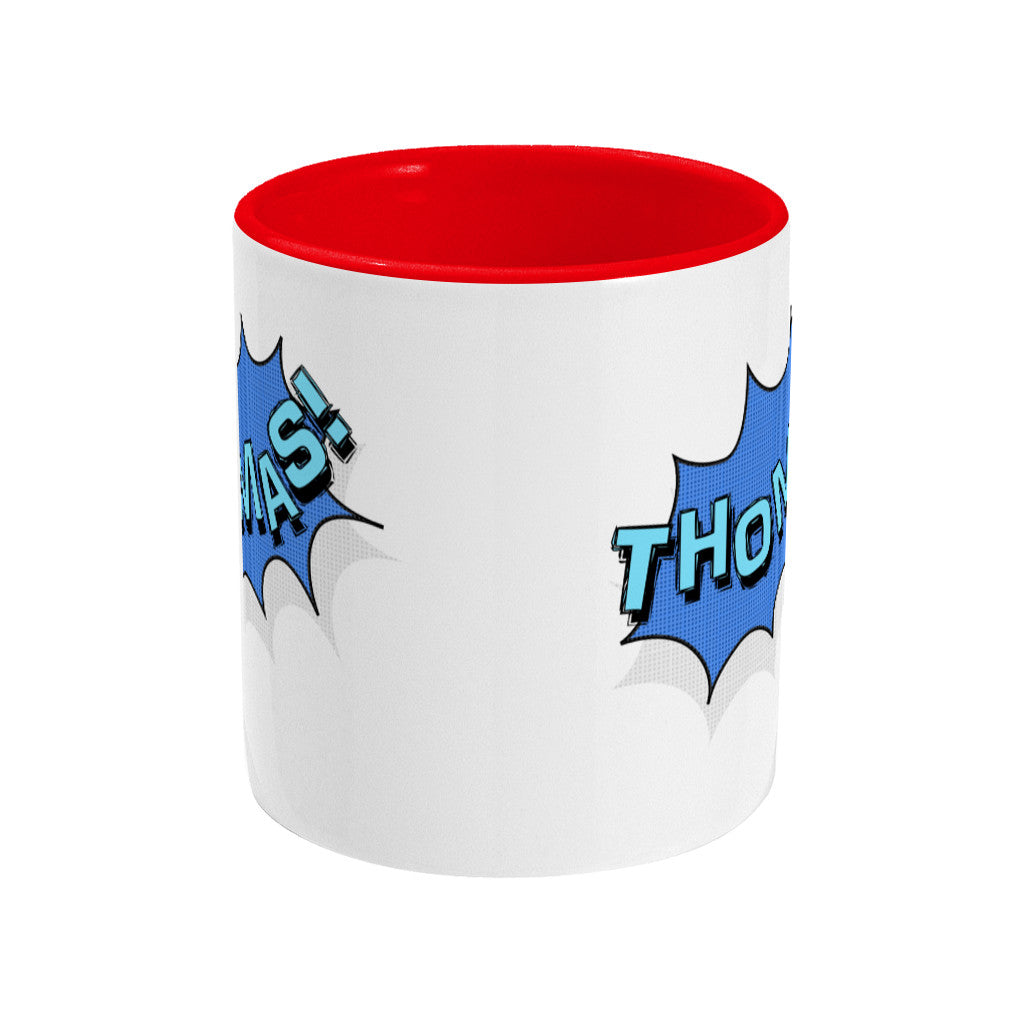 Personalised comic speech balloon design on a two toned red and white ceramic mug, side view