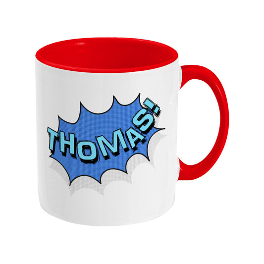 Personalised comic speech balloon design on a two toned red and white ceramic mug, showing RHS