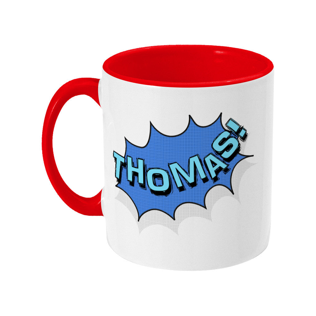 Personalised comic speech balloon design on a two toned red and white ceramic mug, showing LHS