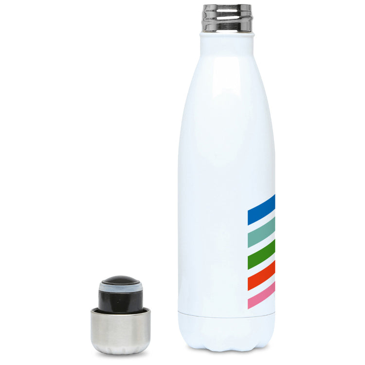 Five retro coloured diagonal stripes leading to different styles of bikes on a white metal insulated drinks bottle, lid off