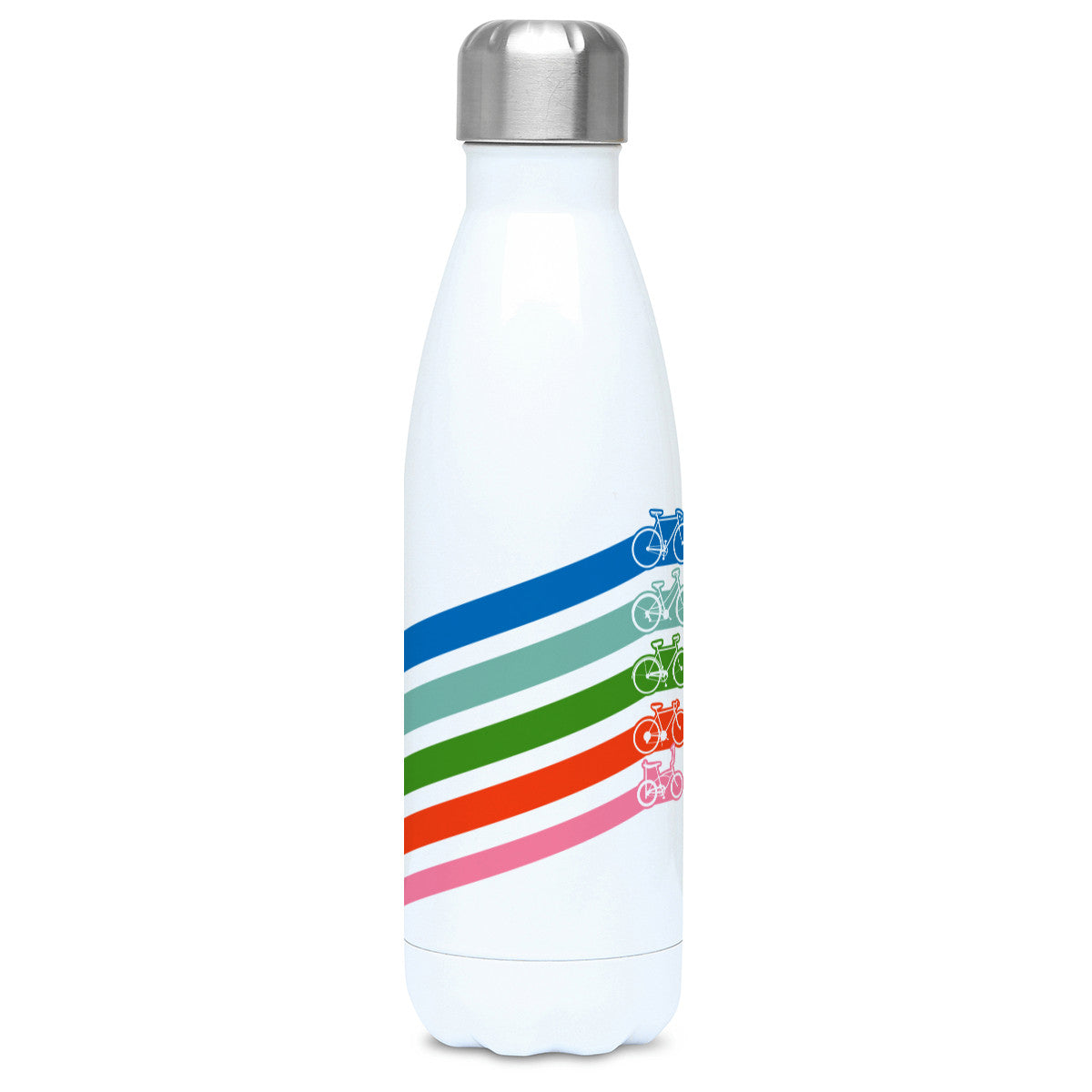 Five retro coloured diagonal stripes leading to different styles of bikes on a white metal insulated drinks bottle, lid on