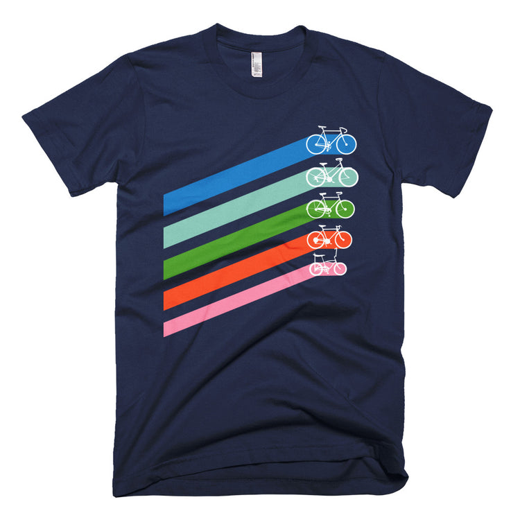 Five retro coloured diagonal stripes leading to different styles of bikes on a navy mens cotton crewneck t-shirt
