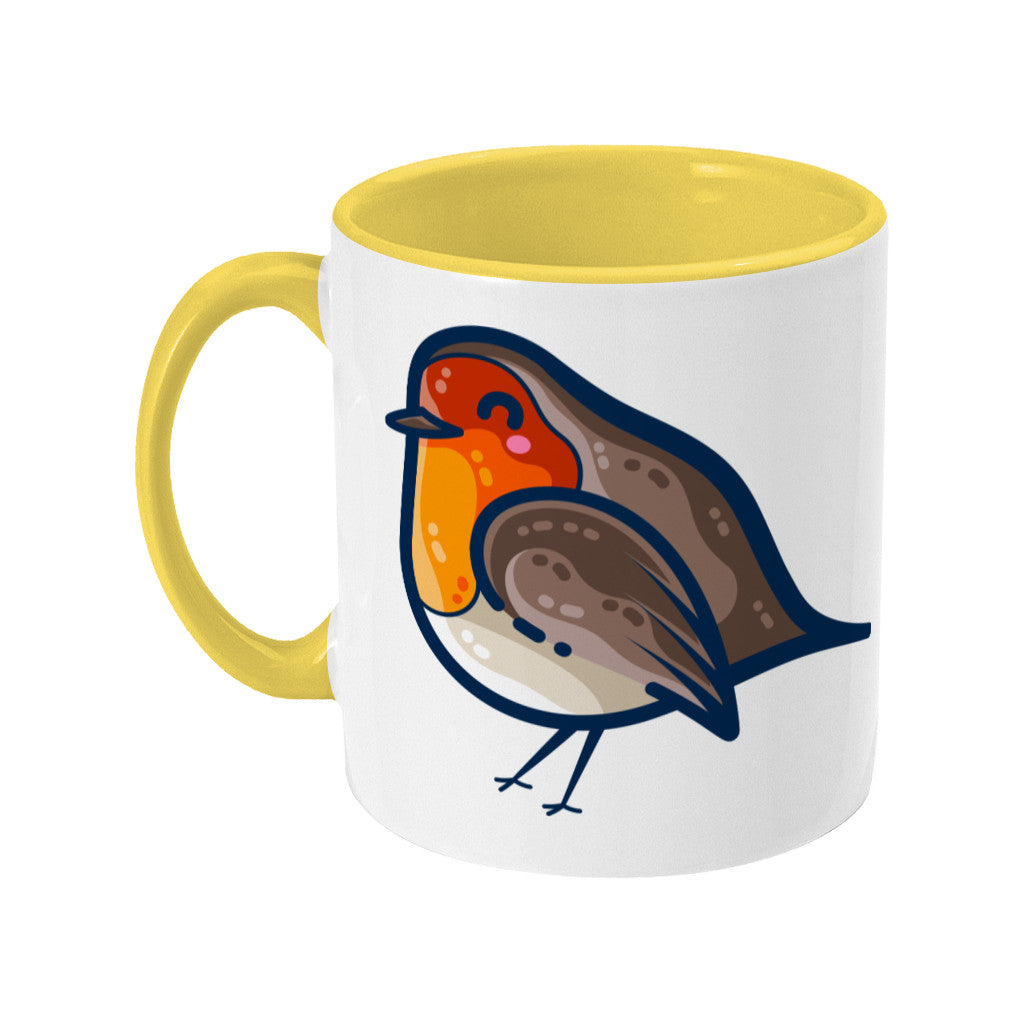 Two toned yellow and white ceramic mug featuring a robin bird facing to the left with the handle on the left