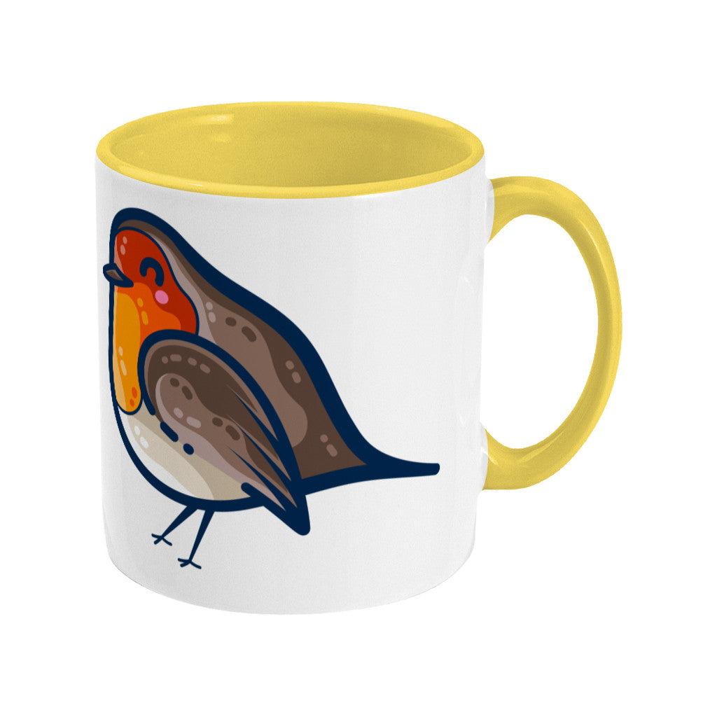 Two toned yellow and white ceramic mug featuring a robin bird facing to the left with the handle on the right
