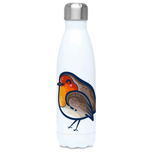 A tall white stainless steel drinks bottle seen from the front with its silver lid on and a design of a kawaii cute robin bird with red breast.