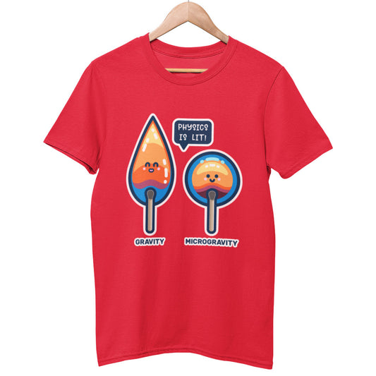 A red unisex organic cotton crewneck t-shirt on a hanger with a design of two cute flames, one pointed with the word gravity and one circular with the word microgravity and a speech bubble saying physics is lit