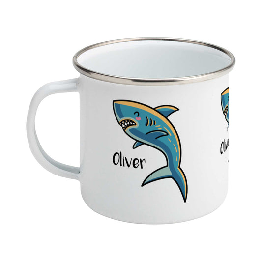 kawaii cute shark design on a silver rimmed white enamel mug, showing LHS