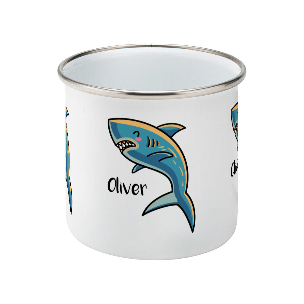 kawaii cute shark design on a silver rimmed white enamel mug, side view